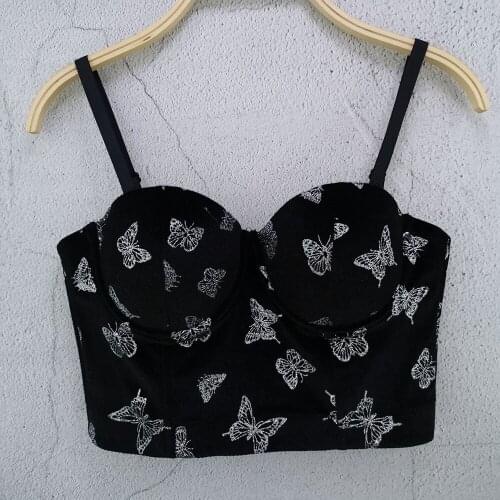 Cupnaya Butterfly Print Women Sexy Crop Top Black Flannel Bustier Spaghatti Strap Short Corset Inside Bralette Camisole Vest