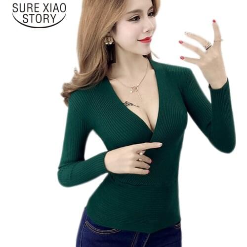High Elastic Long Sleeve Knitted Sweater Woman 2021 Autumn Spring Sexy V-Neck Women Sweaters Pullovers Korean Pull Femme 7808 50