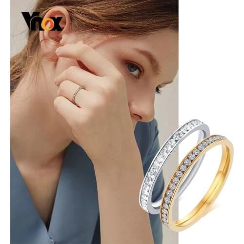 Vnox Delicate Bling CZ Stones Wedding Band Rings for Women Lady,Thin 2mm Stainless Steel Shinny Female Finger Jewelry