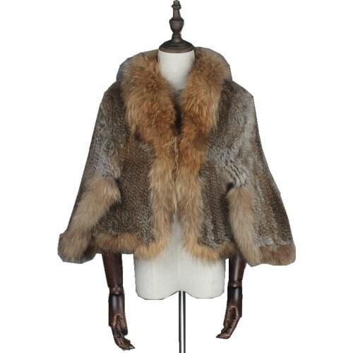 Autumn Winter Womens Real Knitted Rabbit Fur Poncho Raccoon Fur Collar Lady Pashmina Cloak Shawls Female Wrap VF7013