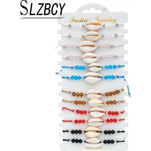12 pcs/lot Women Crystal Beads Shell Charm Weave Bracelets Set Bohemia Handmade Braided Rope Adjustable Wristband Anklet Jewelry