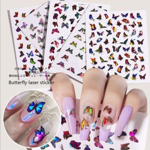 3D back glue Butterfly laser Nail Art Stickers Adhesive Sliders Colorful Flowers Nail Foils Wraps Decorations