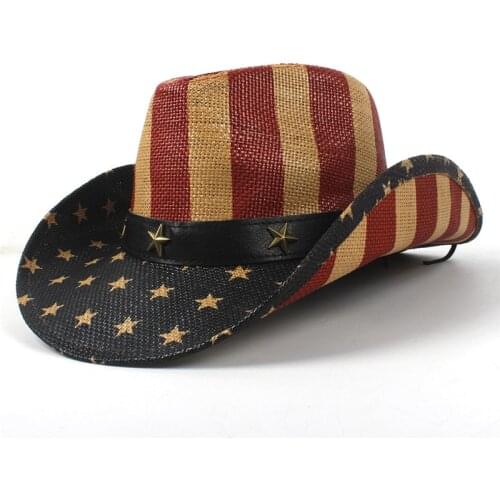 USA American Flag Straw Cowboy Hat For Women Men Western Cowgirl Sombrero Hombre Jazz Caps Size 58CM