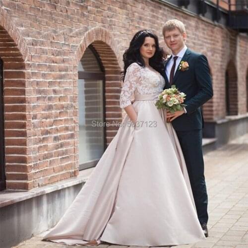 Satin Wedding Dresses 2019 V Neck Half Sleeves Button A Line Plus size Lace Appliques Wedding Bridal Gowns Vestido De Noiva