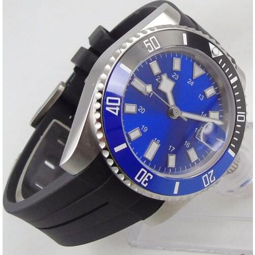 40MM Sterile BLUE Dial Sapphire Glass Date Luminous Rubber Black Blue Ceramic Bezel MIYOTA 8215 Automatic Movement Mens Watch