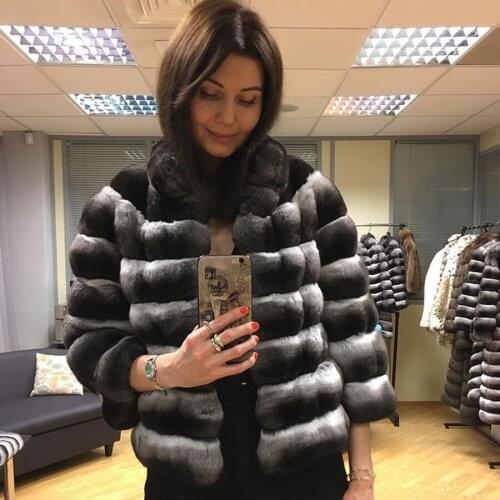 CNEGOVIK Fur Coat Women Real Rex Rabbit Fur Jacket Warm Fashion Chinchilla Color Outwear High Fashion