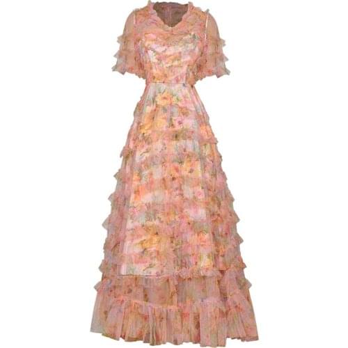 Long Dress Runway Fashion Designer Summer New WomenS Bohemian Party Casual Elegant Chic High Quality Printed Mesh Dresses