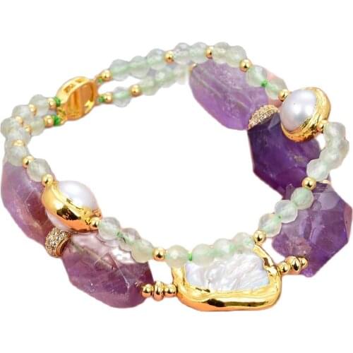 GG Jewelry Natural Purple Amethyst Green Round Faceted Prehnite White Pearl Bracelet 8"