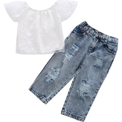 New Girls Clothes Set, Floral Embroidery Short Sleeve Off-shoulder Tops + Ripped Long Jeans