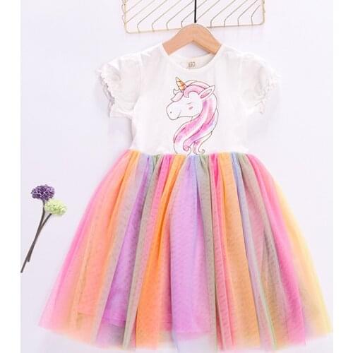 Summer Kids Dresses for Girls Cartoon Unicorn Mesh Short Sleeve Princess Dress Rainbow Party Birthday Teenagers Girl Costume