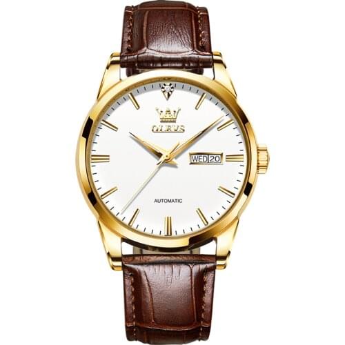 OLEVS Mens Automatic Watch Self Wind Mechanical Watch Classic Hollow Waterproof Luminous Leather Band Wristwatches
