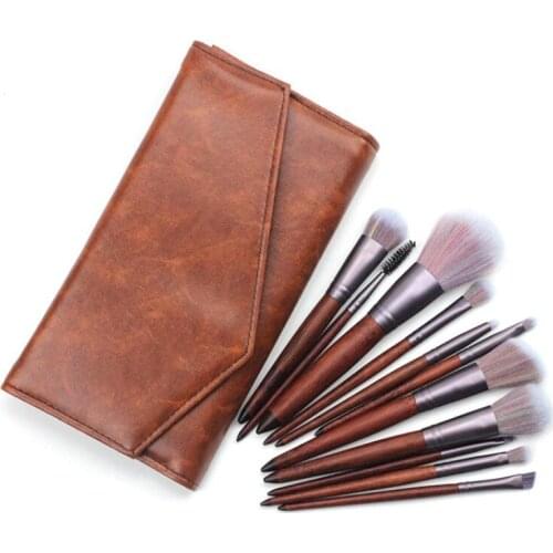 New style brown color wooden handle coloful powder brushes kits nylon hair 11pcs make up brush set with PU bag