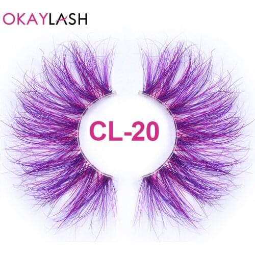 OKAYLASH 25mm Long Purple and Pink Color Real Mink Cosmetic Fake Colored Eyelash Party Cosplay Halloween Makeup Strip Eye lashes