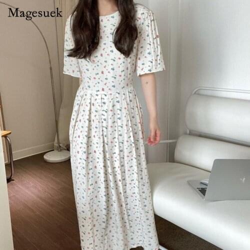 Casual High Waist Loose White Dress Cotton Print Floral O-Neck Dress 2021 Chic Summer Women Long Dress for Women Vestido 14527