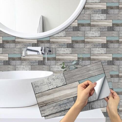 Self Adhesive Wood Grain Wall Tile Sticker Kitchen Backsplash Tiles Peel and Stick Vinyl Tiles Waterproof Bathroom Decoration