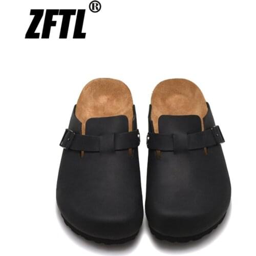 ZFTL Cork Slippers Genuine Leather Round toe slippers Couple slippers Man Outdoor Casual Sandals Women Suede sandals Brand