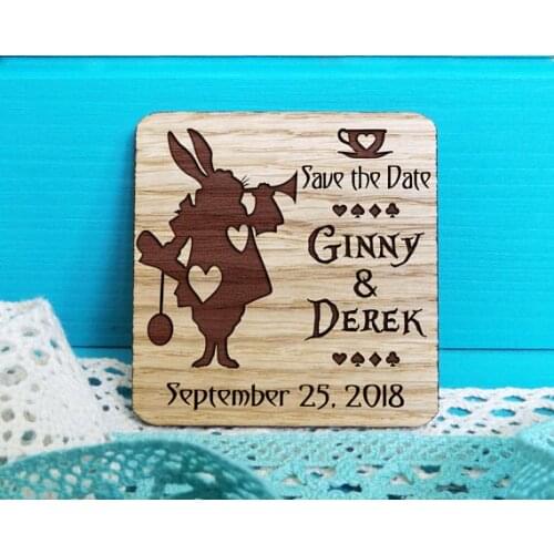 Customize Alice in Wonderland rustic Wedding wooden Save the Date Magnets bridal shower party favors company gifts invitations