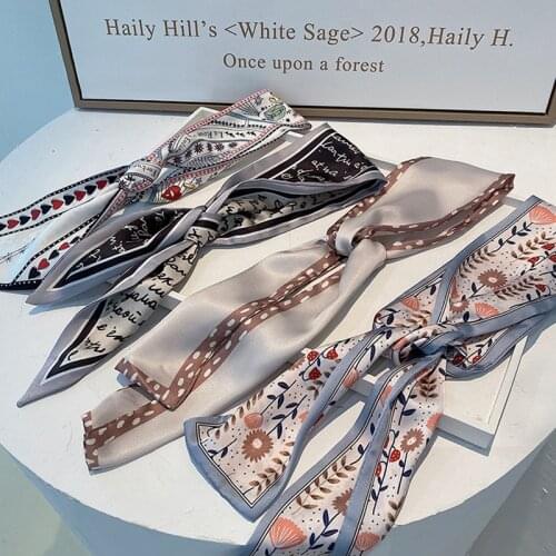 Slender Narrow Silk Scarf Retro French Tied Bag Ribbon Printing Headband Headwear Women Korea Hair Accessories for Female YHA019