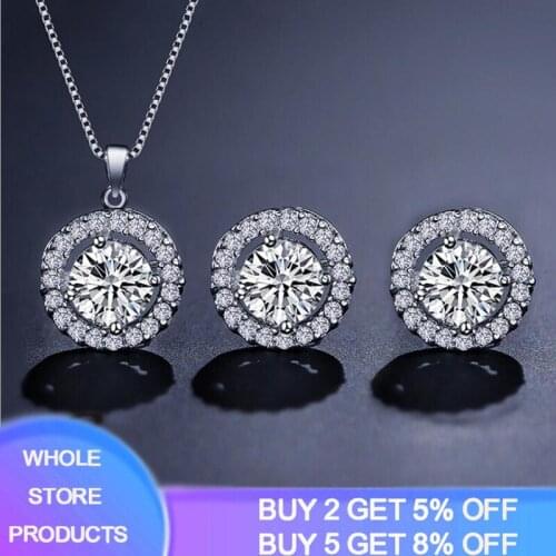YANHUI Hypoallergenic Sterling Silver 925 Jewelry Sets for Women Round Zirconia Diamond Necklace/Earrings Bride Jewelry Sets