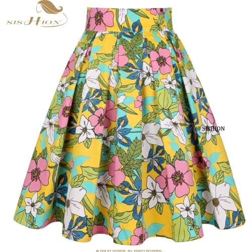 SISHION Cotton Retro Vintage Floral Skirt with Pockets SS0012 Y2K Faldas Skater Party Midi Women Summer Pleated Skirt