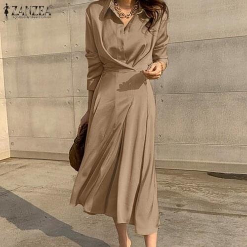 ZANZEA Elegant OL Work Sundress Spring Women Lapel Neck Long Sleeve Solid Casual Long Shirt Dress Femme Lace Up Party Vestidos 7