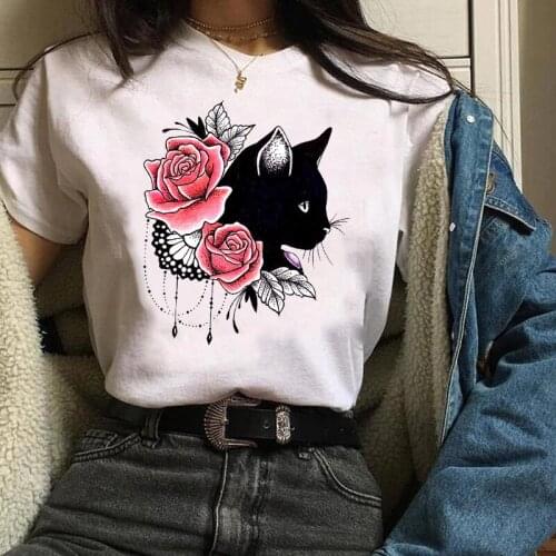 Women Printing Print Graphic Cat Floral Elegant 90s Fashion Cartoon Clothes Lady Tees Tops Female T Shirt Womens T-Shirt