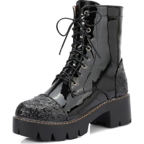 YMECHIC Lady Womens Platform Thick Heels Ankle Boots Pink Silver Black Lace Up Motorcycle Boots Female Plus Size Shoes Woman