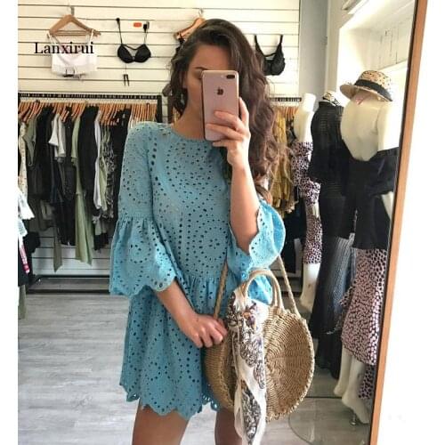 Women Lace Embroidery Sexy Dress Ruffle Sleeve Causal White Cotton Mini Dresses Hollow Out Short Dress Vestidos