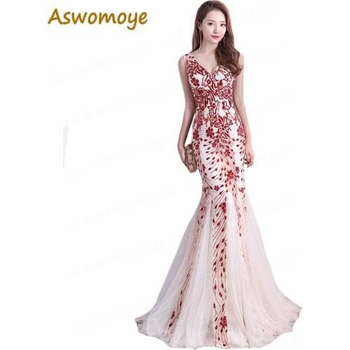 2018 Haute Couture Elegant Long Evening Dress Sexy V-Neck Mermaid Party Dresses Appliques Sequin Prom Dress robe de soiree