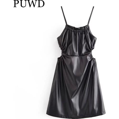 PUWD Vintage Women PU Faux Leather Mini Dress 2021 Autumn Fashion Ladies Folds Sleeveless Streetwear Dresses Female Chic Dress