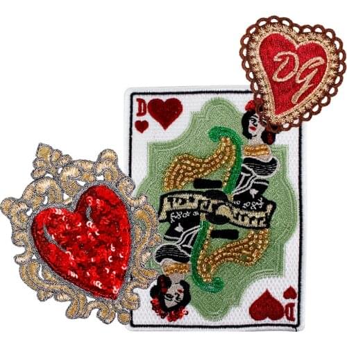 10sets Sequin Beaded Poker Patches Playing Cards Queen Letter D Applique Badge for T-shirt Bags Sewing Accessories TH1035