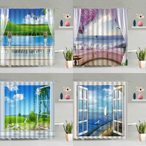 3D Window View Shower Curtain Ocean Seagull Green Plant Pink Flower Lotus Butterfly Natural Scenery Bathtub Deco Screen Washable