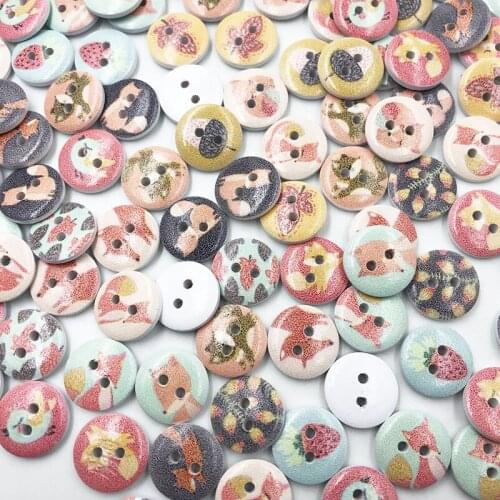 50pcs white 2 Hole Mixed Cartoon Round Wood Buttons Home Sewing Scrapbooking Decor Clothing 15mm WB770