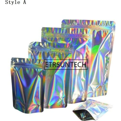 500Pcs/lot Laser Aluminum Foil Stand Up Packaging Bag Self Sealing Mylar Packing Bag for Food Snack Grocery Package