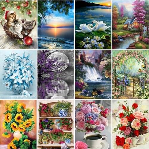 DIY 5D Diamond Painting Flower Diamond Embroidery Cross Stitch Full Round Drill Landscape Waterfall Mosaic Rhinestone Home Decor