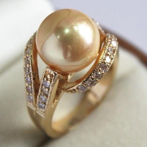 Free shipping Wholesale price 16new ^^^^ GP White Plated Crystal 12mm Golden Yellow Shell Pearl Ring size: 7 8 9