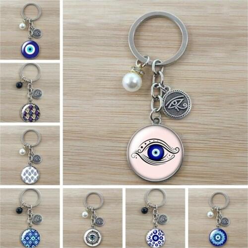 Beautiful blue evil eye religious photo round glass cabochon keychain car keychain holder charm gift keychain