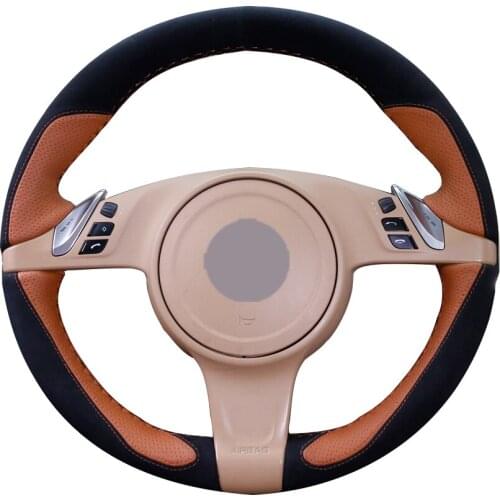 Black Suede Brown Leather Car Steering Wheel Cover for Porsche Cayenne Panamera 2010 2011