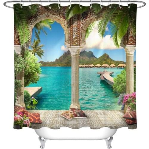 Mountains & Sea through the Arch Shower Curtain European Style Landscape Bathroom Waterproof Polyester Fabric For Bathtub Decor