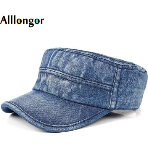 Denim Flat Cap Men Summer 2020 Washed Cotton Baseball Cap Army Dad Hat Snapback militar Bone Male Retro Casual Solid Flat Top