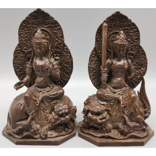 China copper Samantabhadra bodhisattva and Manjusri bodhisattva small crafts statue A set