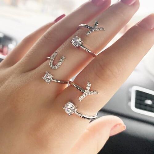 Name Initials 26 Letter Rings For Women Lady White Gold Color Cubic Zirconia Open Finger Ring Party Gift Fashion Jewelry KCR208