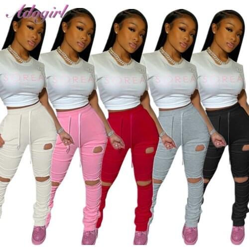 Sexy Hole Stacked High Waist Pleated Flare Pants Women Summer Joggers Elastic Leggings Bell Bottom Trousers Female Streetpants