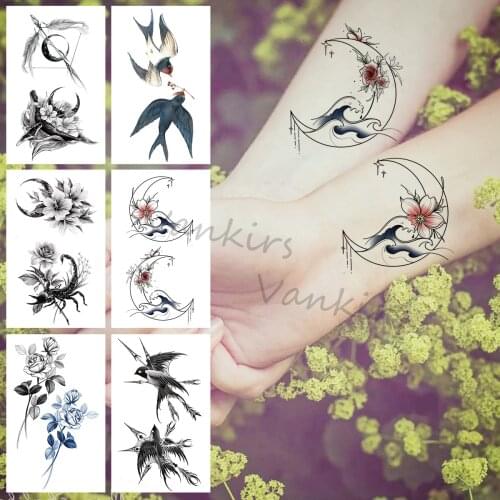 Sea Weave Moon And Waves Temporary Tattoos For Women Girls Swallow Dahlia Rose Flower Fake Tattoo Sticker Arm Body Tatoos