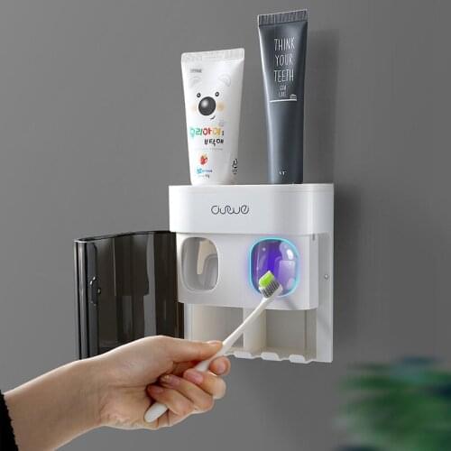 Wall Mounted Toothbrush Holder Automatic Toothpaste Squeezers Dispenser With Dustproof Cover Bathroom Toothbrush Organizers