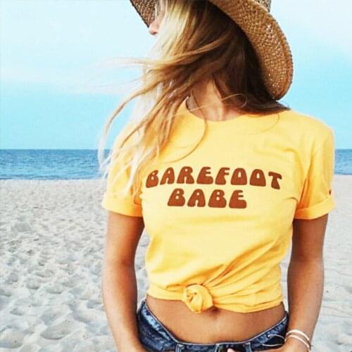 New Summer T-shirt Women 2021 Letters Barefood Babe Printed Woman White Fashion T Shirt Ladies O-neck Tops Tee