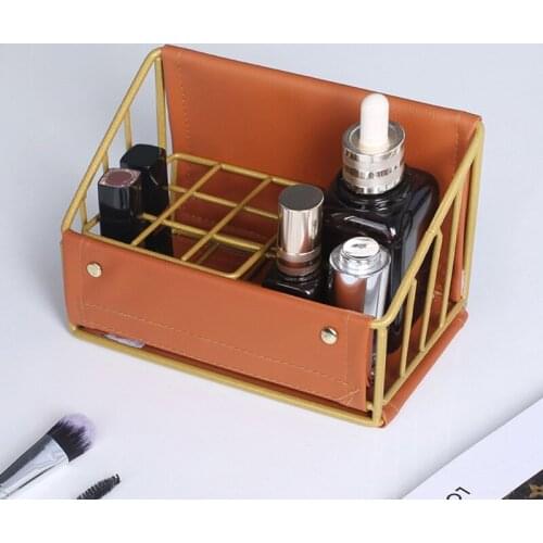 M17D Nordic Metal Faux Leather Makeup Organizer Iron Art Multi Grid Cosmetic Storage Basket Desktop Lipstick Shelf Box