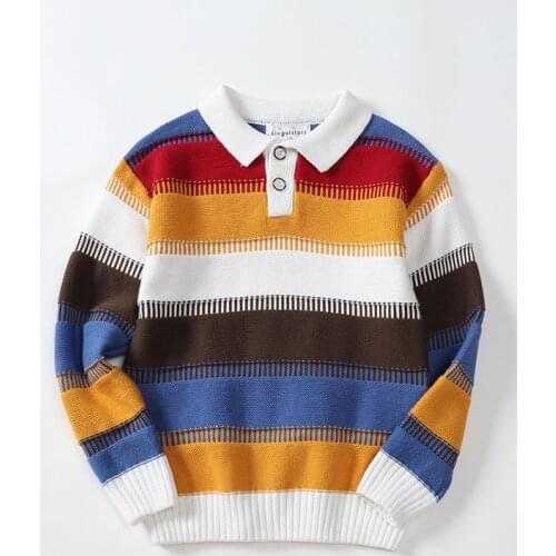 Autumn Baby Boys Sweaters Age 2 3 4 6 8 10 Yrs Cotton Turn Down Collar Kids Pullover Grils Striped Kintwear Childrens Clothing