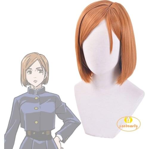 Anime Jujutsu Kaisen Nobara Kugisaki Costume Cosplay Wig Brown Wig Women Role Play Wig + Hair Cap Heat Resistant Synthetic Hair