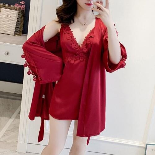 Sexy 2PCS Pajamas Set Womens V-Neck Cami Nighties Wear Pijama Home Nightwear Lingerie Nighty Spring Lace Robe Gown Suit Nighties